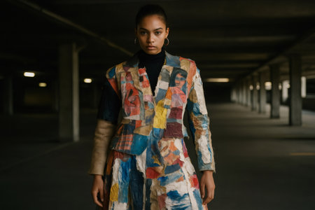 Fashion model wearing a colorful patchwork dress is posing in a parking garage, showcasing unique and artistic clothingの素材