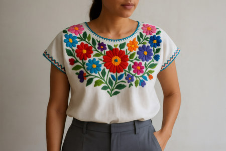 Close up of a woman wearing a white huipil, a traditional Mexican garment, adorned with vibrant floral embroideryの素材