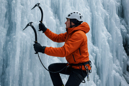 Mountain climber using ice axes and crampons is ascending frozen waterfall during extreme winter sport activityの素材