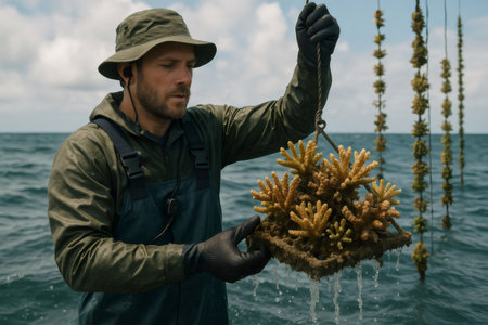 Marine biologist lifting a metal structure containing farmed coral from the ocean, promoting sustainable aquaculture and environmental conservationの素材