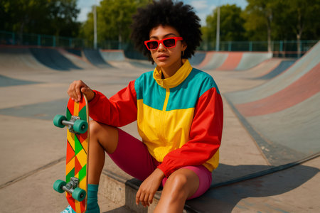 Young woman dressed in vibrant, stylish attire and retro sunglasses, sitting in a skatepark while holding a skateboard with confidenceの素材