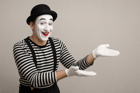 Mime artist wearing classic costume is smiling and presenting something with his hands on neutral backgroundの素材