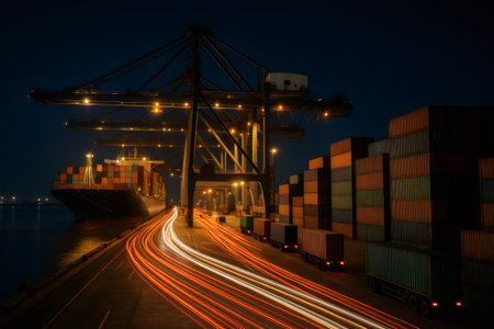 Cargo ship being loaded with containers at night with light trails from trucks driving on the roadの素材