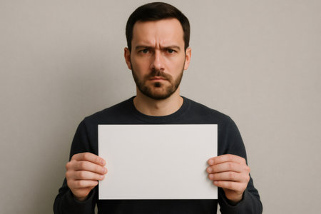 Bearded man showing blank sheet of paper with copy space for your text or advertising content, isolated on gray backgroundの素材