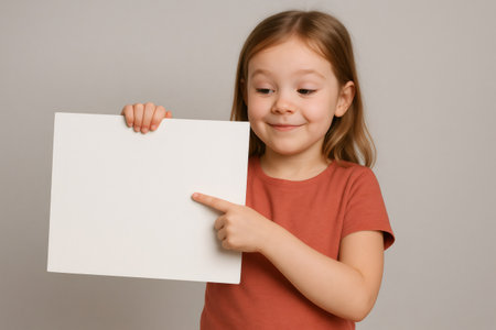 Little girl holding and pointing at a blank white sheet of paper with copy space, isolated on gray backgroundの素材