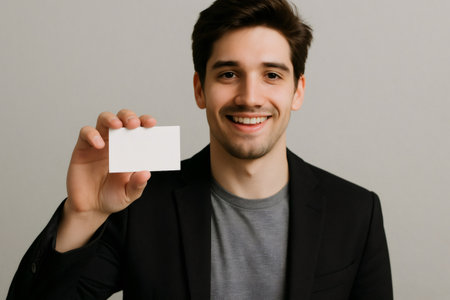 Smiling businessman presenting a blank business card, perfect for adding custom text or a logo in a professional settingの素材