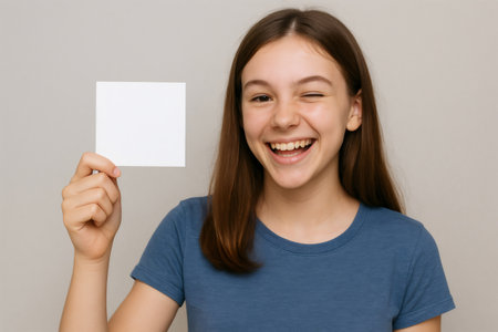 Teen girl smiling widely while winking and holding a blank card, offering ample space for a personalized message. Perfect for creative useの素材