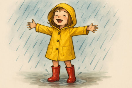 Joyful child with open arms enjoying the rain wearing yellow raincoat and red boots, playing in a puddleの素材