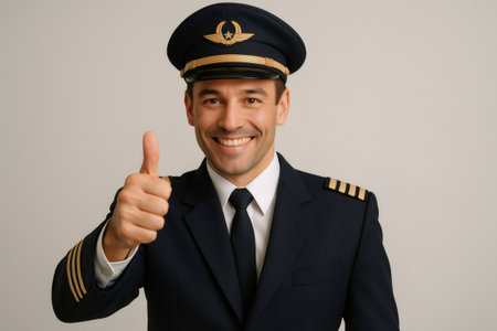 Portrait of a cheerful airline pilot giving a thumbs up, proudly wearing a uniform and hat, embodying confidence and professionalismの素材