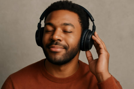Portrait of a young man listening to music with wireless headphones, eyes closed, feeling the rhythmの素材