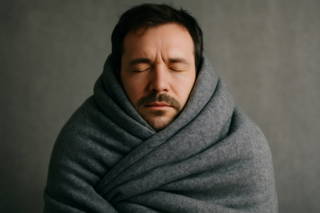 Man finding comfort and warmth wrapped in a soft, gray blanket, eyes closed, enjoying a moment of peace and relaxationの素材