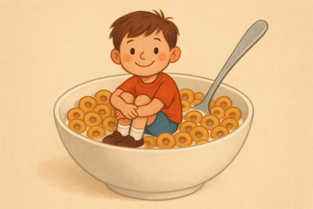 Cheerful boy sitting in an oversized bowl of cereal and milk, enjoying a healthy and delicious breakfastの素材