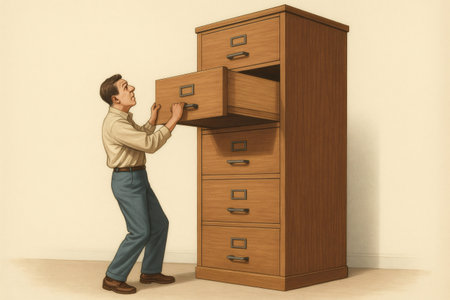 Office worker struggling to open a giant drawer in a tall wooden filing cabinet, searching for documents or informationの素材