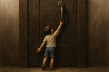 Small child reaching up to grasp the handle of a large, dark wooden door, embodying curiosity and determination in the face of a challengeの素材