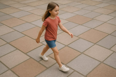 Girl walking along a checkered pavement featuring gray and beige tiles, enjoying a carefree stroll through the urban landscape on a sunny dayの素材