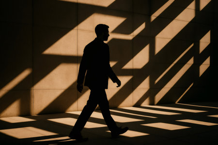 Silhouette of a businessman walking in a modern architectural space with strong geometric shadowsの素材