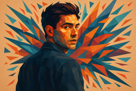 Low poly portrait of a businessman emerging powerfully from a vibrant explosion of colorful geometric shapes, symbolizing creativity and innovationの素材