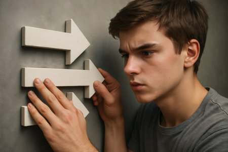 Young man thoughtfully aligning white arrows on a gray wall, symbolizing decision making, strategy, and choosing a directionの素材