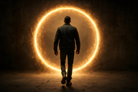 Man walking towards glowing energy portal in dark room, concept of time travel, new dimension, wormhole, teleportation, choice and new beginningの素材