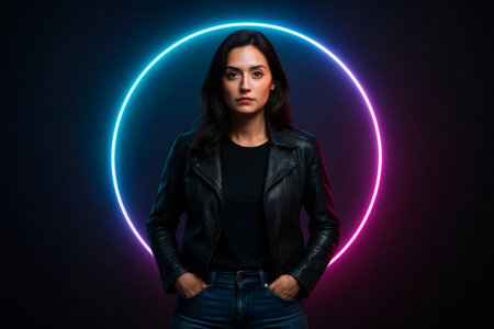 Studio portrait of a young woman in casual clothing with hands in pockets, standing in front of a colorful neon circle lightの素材