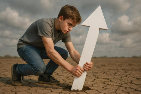 Teenager placing large white upward trending arrow in dry cracked soil of a desert or dry lake bed under a cloudy skyの素材