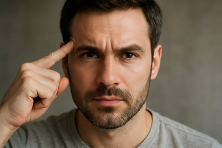 Close up portrait of a thoughtful businessman touching his temple, expressing deep thought and contemplationの素材
