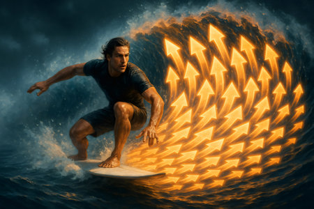 Surfer riding a surfboard on a powerful ocean wave at night, surrounded by glowing upward arrows representing growth and successの素材