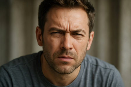 Skeptical man frowning and squinting eyes, conveying deep doubt and distrust, while reflecting serious concern and uncertaintyの素材