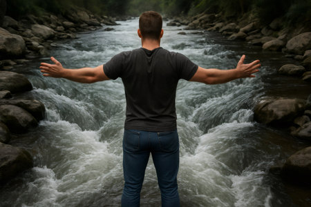 Tourist reveling in the refreshing waters of a mountain river, embracing the beauty of nature with open arms and a sense of freedomの素材