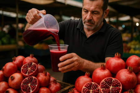 Street vendor pouring vibrant, fresh pomegranate juice into a plastic cup at a bustling market stall, attracting thirsty customersの素材