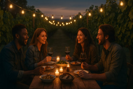 Four happy friends are having dinner together in a vineyard, drinking wine and enjoying the sunsetの素材