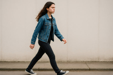Young woman walking confidently down the sidewalk, showcasing determination and purpose in her casual denim jacket and sneakersの素材
