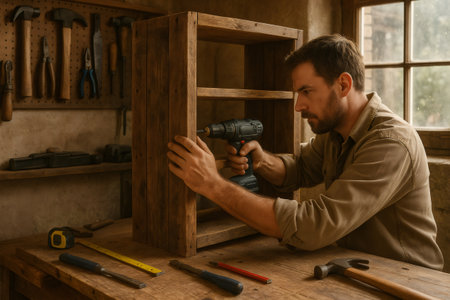 Carpenter carefully assembling wooden bookshelf using cordless screwdriver in his workshop, surrounded by traditional toolsの素材