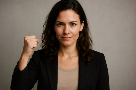 Confident businesswoman raising her fist as a symbol of empowerment and determination, against a neutral backgroundの素材