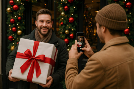 Man taking a photo of his smiling friend holding a Christmas present in front of a decorated shopの素材