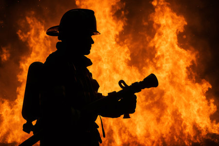 Silhouette of brave firefighter intense fighting flames with fire hose, demonstrating courage and dedication in the face of dangerの素材