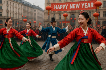 Group of Korean dancers wearing traditional colorful clothes celebrating new year by dancing in a city square with happy facesの素材