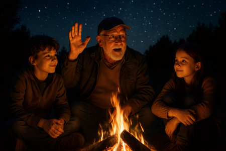 Senior man telling a story to his grandchildren sitting around a campfire under a beautiful starry night skyの素材