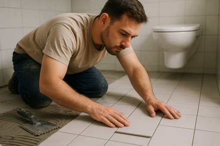 Construction worker skillfully installing new ceramic tiles in a bathroom, using adhesive and a notched trowel for precise applicationの素材