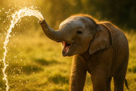 Joyful baby elephant spraying a refreshing jet of water with its trunk, basking in beautiful golden light, embodying playful energyの素材