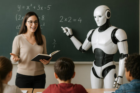 Teacher and humanoid robot teaching math equations to diverse group of students in modern classroomの素材