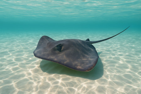 Large stingray gracefully glides over the seabed in shallow, clear water, creating a captivating underwater sceneの素材