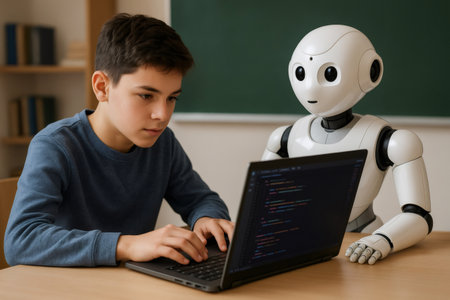 Concentrated young student programming on laptop with humanoid robot during coding lesson in classroomの素材