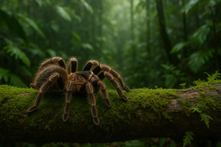 Large spider resting on a moss covered log, blending seamlessly into the vibrant greenery of a lush rainforest environmentの素材