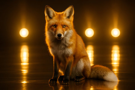Studio shot of a red fox sitting on a reflective surface, illuminated by warm lights, creating a captivating and artistic sceneの素材