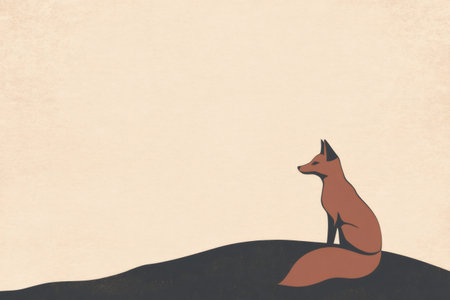 Minimalist illustration featuring a red fox resting peacefully on a gentle hill, complemented by a textured background enhancing its beautyの素材