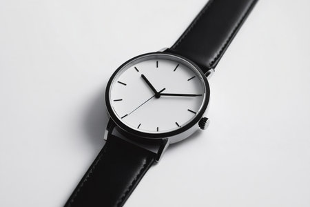 Close up of a minimalist wristwatch featuring a white dial, black hands, and a black leather strap, evoking a sense of timeless elegance and simplicityの素材