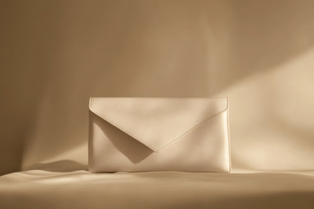 Stylish white leather clutch bag bathed in soft sunlight, creating a minimalist and elegant sceneの素材