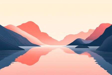 Serene landscape featuring a calm lake mirroring pastel colored mountains at dawn, creating a tranquil and minimalist sceneの素材