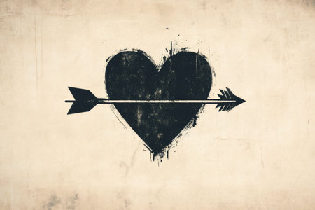 Black grunge heart pierced by an arrow symbolizing love and passion on vintage paper backgroundの素材